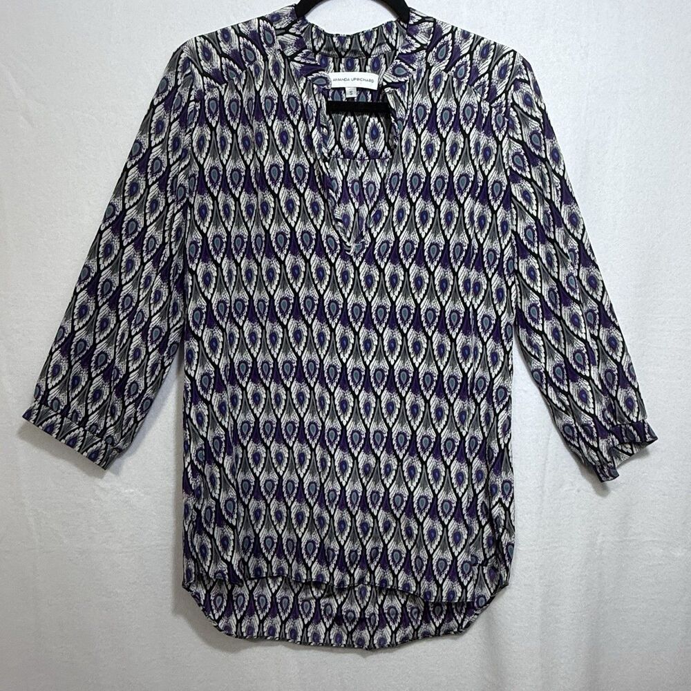 Amanda Uprichard Peacock Feather 100% Silk Split Neck Popover Blouse Top Size S